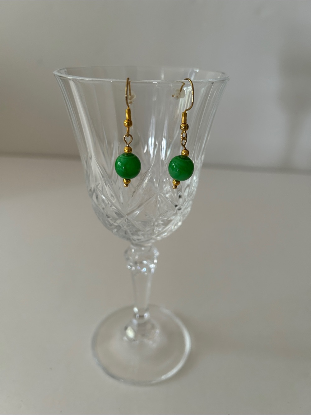 Gold-Tone Green Bead Drop Earrings
